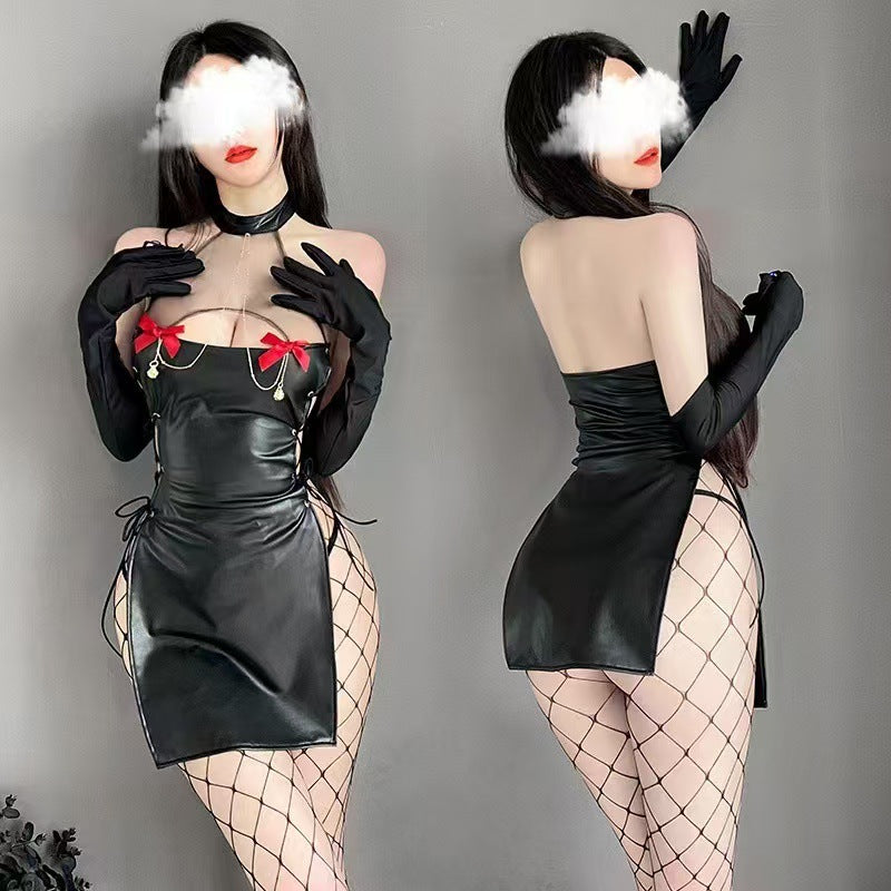 Image of Butterfly Rain, Halloween, Wild Devil, Patent Leather Strap Set, Temptation, Halterneck Nightclub, Cheongsam, Leaky Chest, Bow Cutout